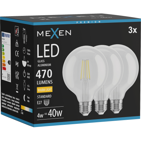 Mexen Vintis 3x LED-Filamentlampe E27, G95, 4W, Warm - 2700K, 470 lm, klar - L157-E27-0427-00x03