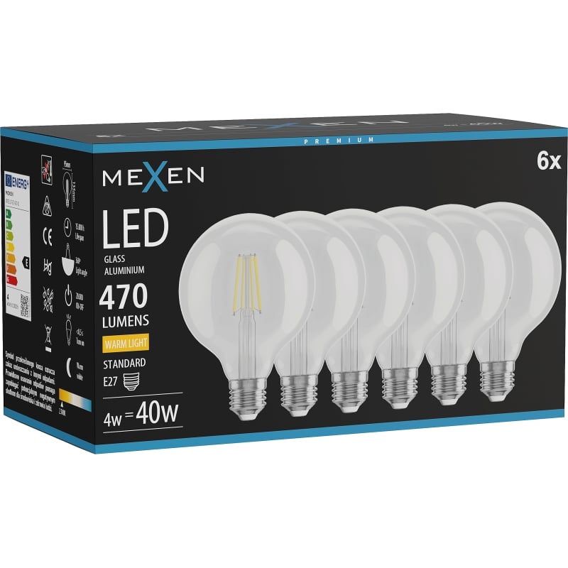 Mexen Vintis 6x LED-Filament-Glühlampe E27, G95, 4W, Warm - 2700K, 470 lm, klar - L157-E27-0427-00x06
