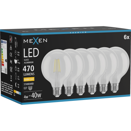 Mexen Vintis 6x LED-Filament-Glühlampe E27, G95, 4W, Warm - 2700K, 470 lm, klar - L157-E27-0427-00x06
