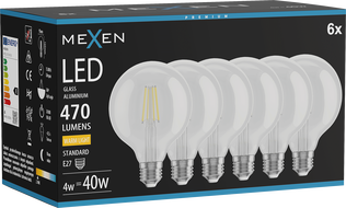 Mexen Vintis 6x LED-Filament-Glühlampe E27, G95, 4W, Warm - 2700K, 470 lm, klar - L157-E27-0427-00x06