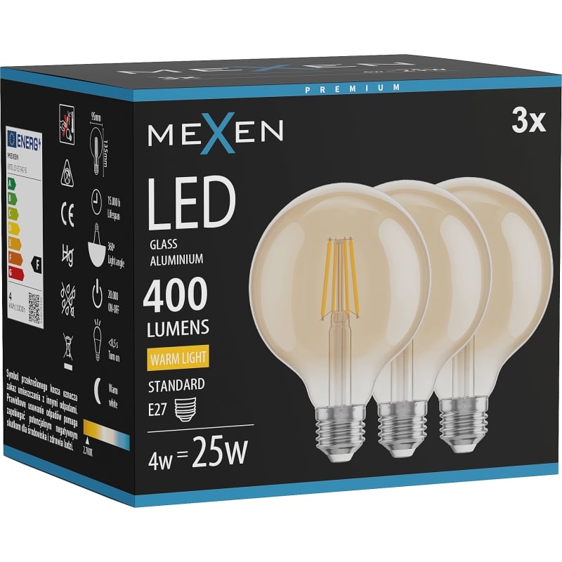 Mexen Vintis 3x LED-Filamentlampe E27, G95, 4W, Warmweiß - 2700K, 400 lm, amber - L157-E27-0427-50x03
