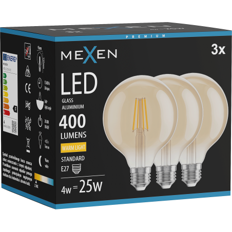 Mexen Vintis 3x LED-Filamentlampe E27, G95, 4W, Warmweiß - 2700K, 400 lm, amber - L157-E27-0427-50x03