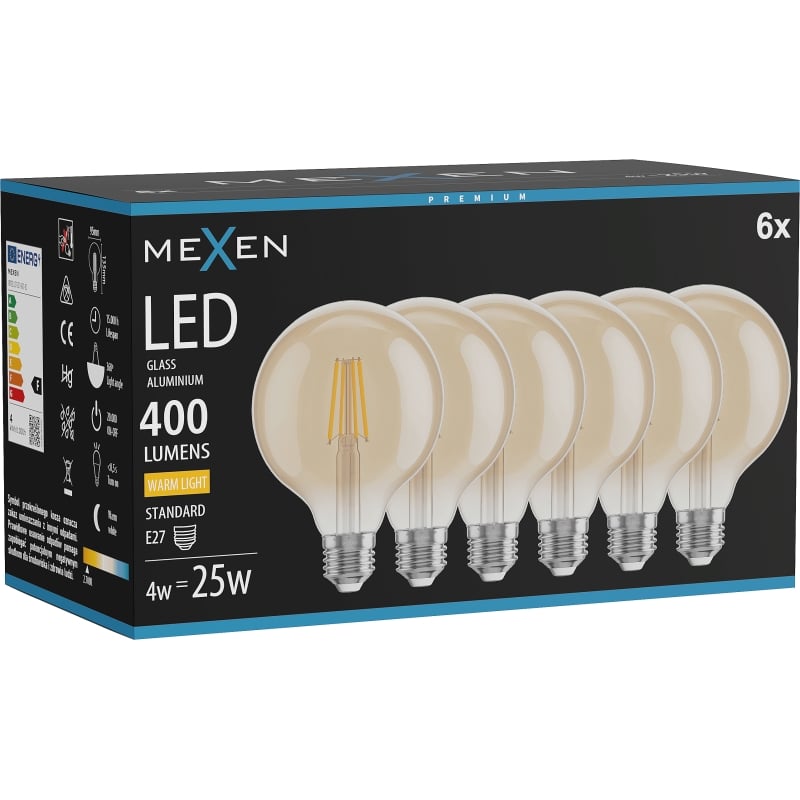 Mexen Vintis 6x Filament-LED-Glühbirne E27, G95, 4W, Warm - 2700K, 400 lm, Amber - L157-E27-0427-50x06