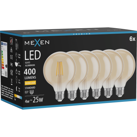 Mexen Vintis 6x Filament-LED-Glühbirne E27, G95, 4W, Warm - 2700K, 400 lm, Amber - L157-E27-0427-50x06