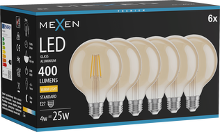 Mexen Vintis 6x Filament-LED-Glühbirne E27, G95, 4W, Warm - 2700K, 400 lm, Amber - L157-E27-0427-50x06