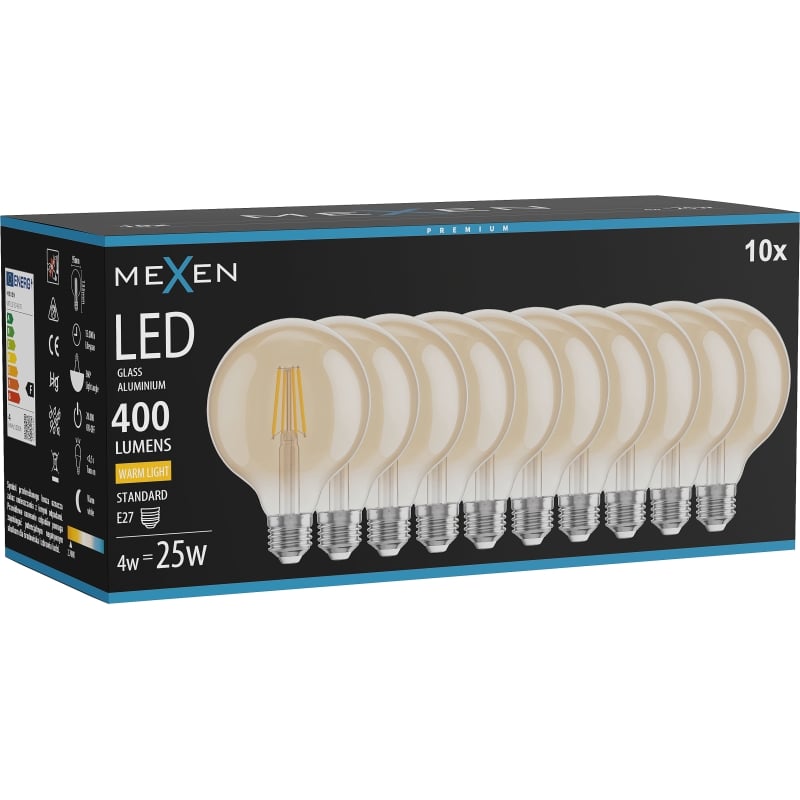 Mexen Vintis 10x LED-Filamentlampe E27, G95, 4W, Warm - 2700K, 400 lm, Bernstein - L157-E27-0427-50x10