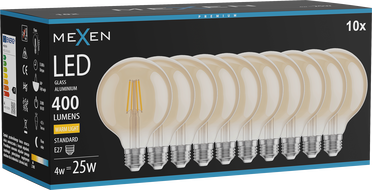 Mexen Vintis 10x LED-Filamentlampe E27, G95, 4W, Warm - 2700K, 400 lm, Bernstein - L157-E27-0427-50x10