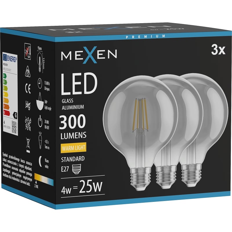 Mexen Vintis 3x Filament-LED-Lampe E27, G95, 4W, Warm - 2700K, 300 lm, Rauch - L157-E27-0427-70x03