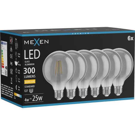 Mexen Vintis 6x LED-Filament-Glühbirne E27, G95, 4W, Warm - 2700K, 300 lm, Smoke - L157-E27-0427-70x06