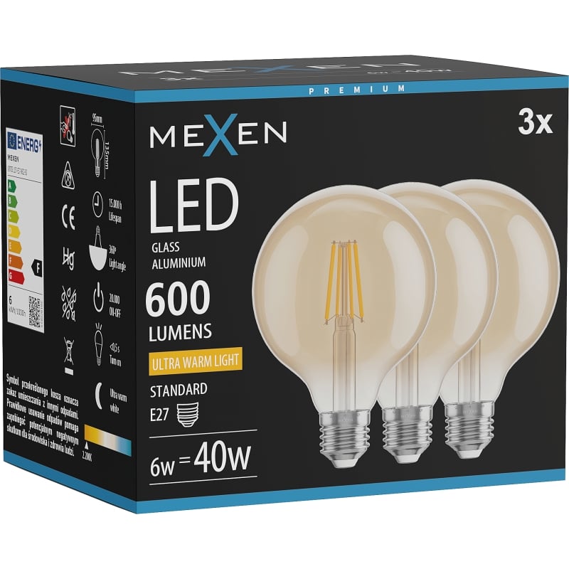Mexen Vintis 3x LED-Filament-Glühbirne E27, G95, 6W, Warm - 2200K, 600 lm, bernsteinfarben - L157-E27-0622-50x03