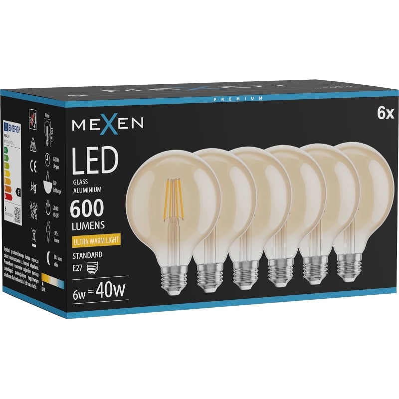 Mexen Vintis 6x LED-Filamentlampe E27, G95, 6W, Warm - 2200K, 600 lm, bernsteinfarben - L157-E27-0622-50x06