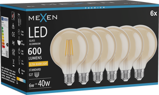 Mexen Vintis 6x LED-Filamentlampe E27, G95, 6W, Warm - 2200K, 600 lm, bernsteinfarben - L157-E27-0622-50x06