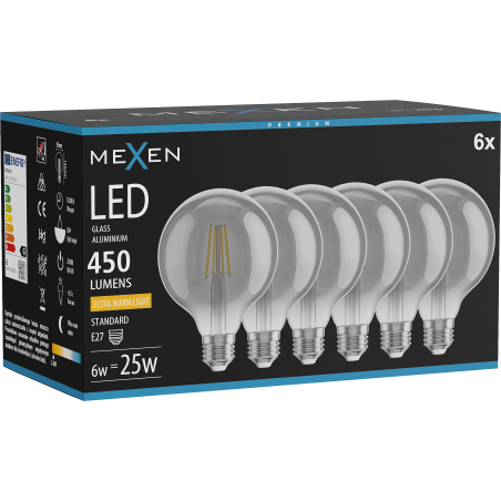 Mexen Vintis 6x LED-Filament-Glühlampe E27, G95, 6W, Warm - 2200K, 450 lm, Rauch - L157-E27-0622-70x06