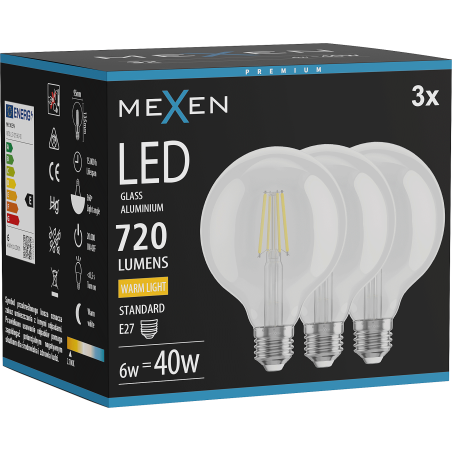 Mexen Vintis 3x Filament-LED-Glühbirne E27, G95, 6W, Warm - 2700K, 720 lm, klar - L157-E27-0627-00x03