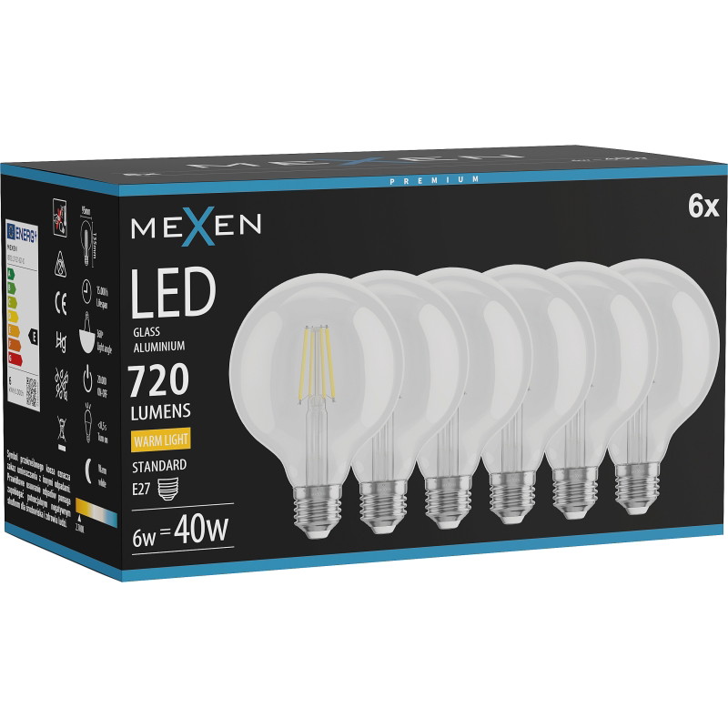 Mexen Vintis 6x Filament-LED-Glühbirne E27, G95, 6W, Warm - 2700K, 720 lm, klar - L157-E27-0627-00x06