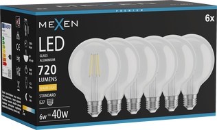 Mexen Vintis 6x Filament-LED-Glühbirne E27, G95, 6W, Warm - 2700K, 720 lm, klar - L157-E27-0627-00x06