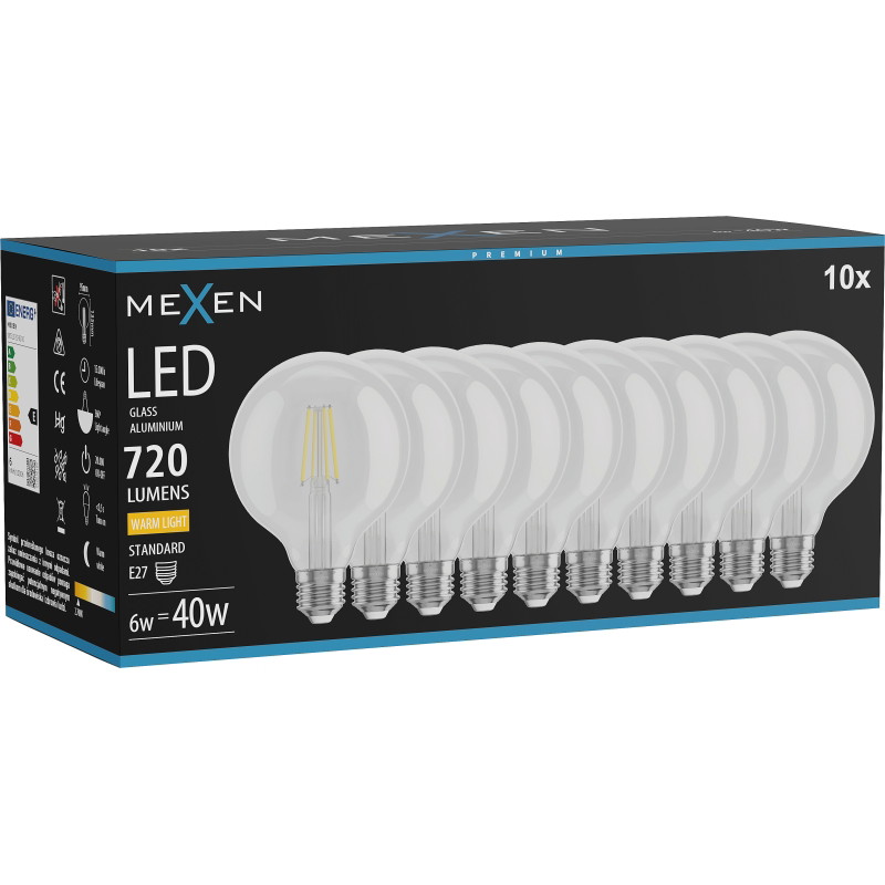 Mexen Vintis 10x LED-Filamentlampe E27, G95, 6W, Warm - 2700K, 720 lm, klar - L157-E27-0627-00x10