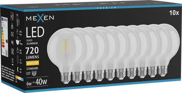 Mexen Vintis 10x LED-Filamentlampe E27, G95, 6W, Warm - 2700K, 720 lm, klar - L157-E27-0627-00x10