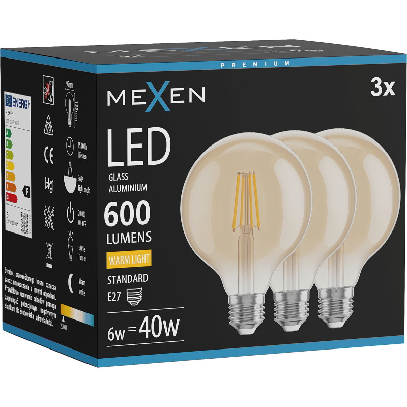 Mexen Vintis 3x LED-Filamentlampe E27, G95, 6W, Warm - 2700K, 600 lm, Amber - L157-E27-0627-50x03