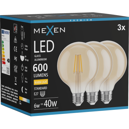 Mexen Vintis 3x LED-Filamentlampe E27, G95, 6W, Warm - 2700K, 600 lm, Amber - L157-E27-0627-50x03