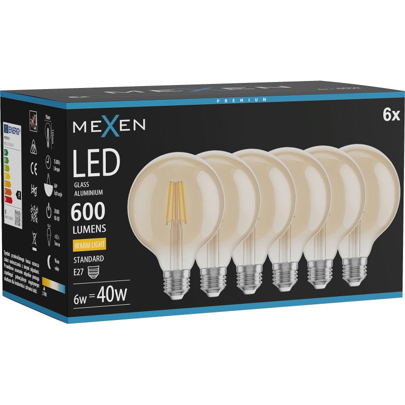 Mexen Vintis 6x LED-Filamentlampe E27, G95, 6W, Warm - 2700K, 600 lm, bernstein - L157-E27-0627-50x06