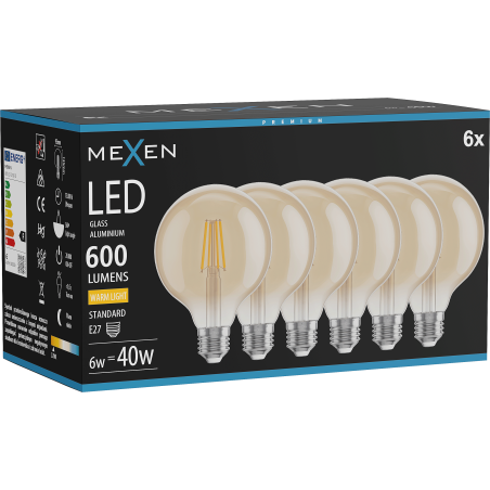 Mexen Vintis 6x LED-Filamentlampe E27, G95, 6W, Warm - 2700K, 600 lm, bernstein - L157-E27-0627-50x06