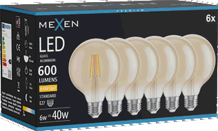Mexen Vintis 6x LED-Filamentlampe E27, G95, 6W, Warm - 2700K, 600 lm, bernstein - L157-E27-0627-50x06
