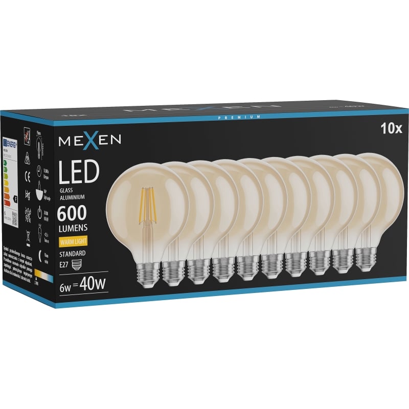 Mexen Vintis 10x LED-Filament-Glühlampe E27, G95, 6W, Warm - 2700K, 600 lm, bernstein - L157-E27-0627-50x10