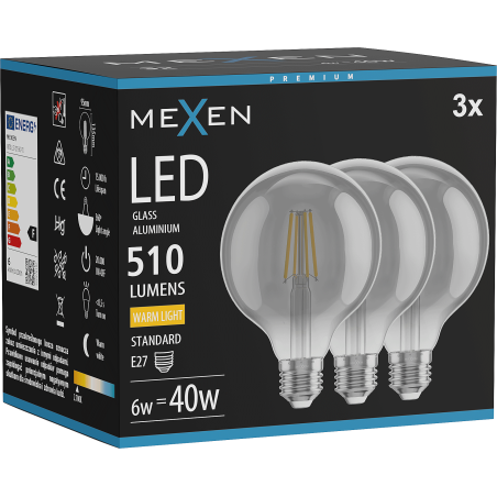 Mexen Vintis 3x LED Filament Birne E27, G95, 6W, Warmweiß - 2700K, 510 lm, Rauchig - L157-E27-0627-70x03