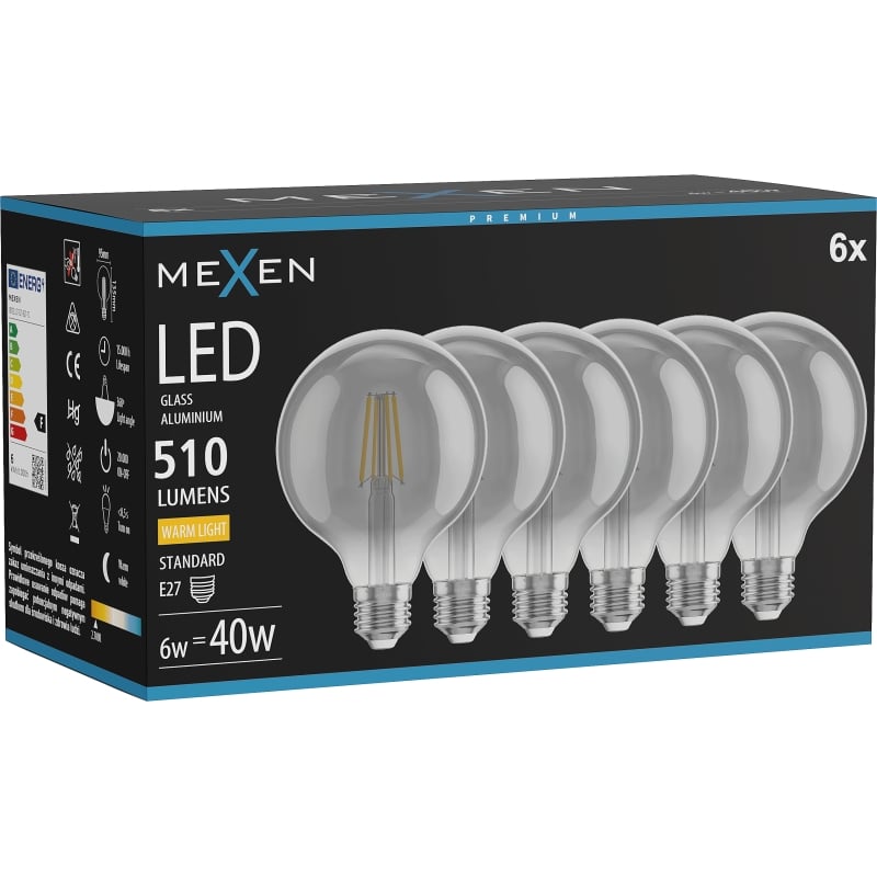 Mexen Vintis 6x LED-Filamentlampe E27, G95, 6W, Warm - 2700K, 510 lm, Rauch - L157-E27-0627-70x06