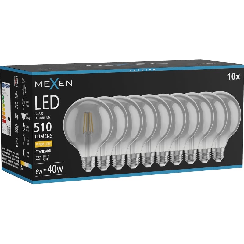 Mexen Vintis 10x LED-Filamentlampe E27, G95, 6W, Warm - 2700K, 510 lm, Rauch - L157-E27-0627-70x10