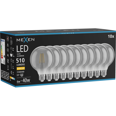 Mexen Vintis 10x LED-Filamentlampe E27, G95, 6W, Warm - 2700K, 510 lm, Rauch - L157-E27-0627-70x10