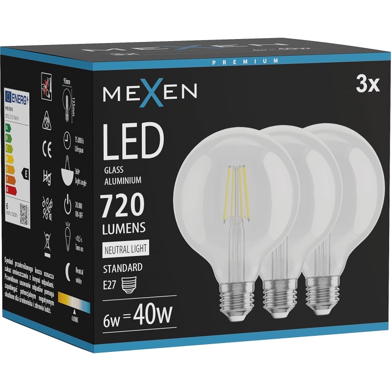 Mexen Vintis 3x Filament LED-Glühbirne E27, G95, 6W, Neutral - 4000K, 720 lm, klar - L157-E27-0640-00x03
