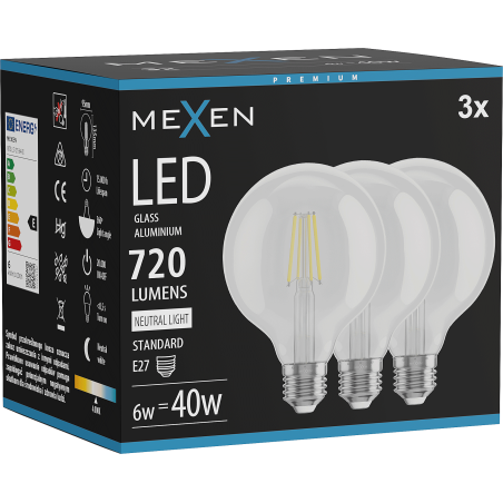 Mexen Vintis 3x Filament LED-Glühbirne E27, G95, 6W, Neutral - 4000K, 720 lm, klar - L157-E27-0640-00x03