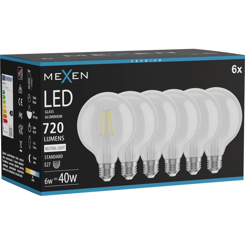 Mexen Vintis 6x LED-Filament-Glühbirne E27, G95, 6W, Neutral - 4000K, 720 lm, klar - L157-E27-0640-00x06