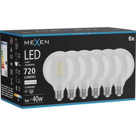 Mexen Vintis 6x LED-Filament-Glühbirne E27, G95, 6W, Neutral - 4000K, 720 lm, klar - L157-E27-0640-00x06