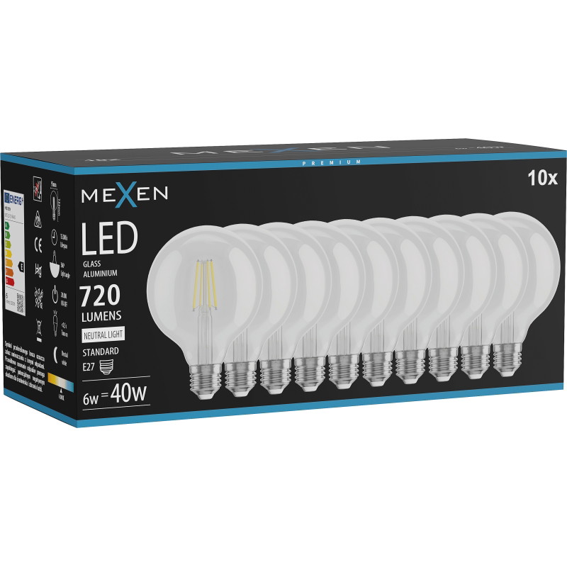 Mexen Vintis 10x LED-Filament-Glühbirne E27, G95, 6W, Neutral - 4000K, 720 lm, klar - L157-E27-0640-00x10