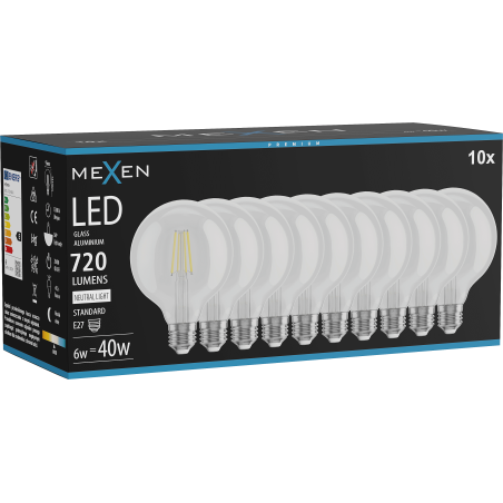 Mexen Vintis 10x LED-Filament-Glühbirne E27, G95, 6W, Neutral - 4000K, 720 lm, klar - L157-E27-0640-00x10