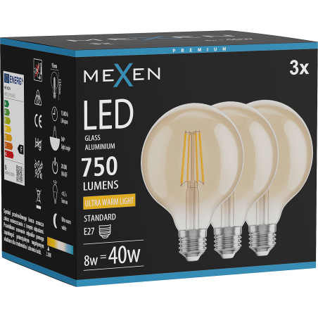 Mexen Vintis 3x LED-Filament-Glühlampe E27, G95, 8W, Warm - 2200K, 750 lm, Bernstein - L157-E27-0822-50x03