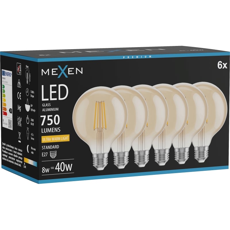 Mexen Vintis 6x LED-Filamentlampe E27, G95, 8W, Warm - 2200K, 750 lm, Bernstein - L157-E27-0822-50x06