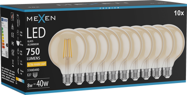 Mexen Vintis 10x LED-Filament-Glühbirne E27, G95, 8W, Warm - 2200K, 750 lm, amber - L157-E27-0822-50x10