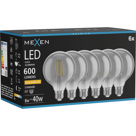 Mexen Vintis 6x filament LED Glühbirne E27, G95, 8W, Warm - 2200K, 600 lm, rauch - L157-E27-0822-70x06