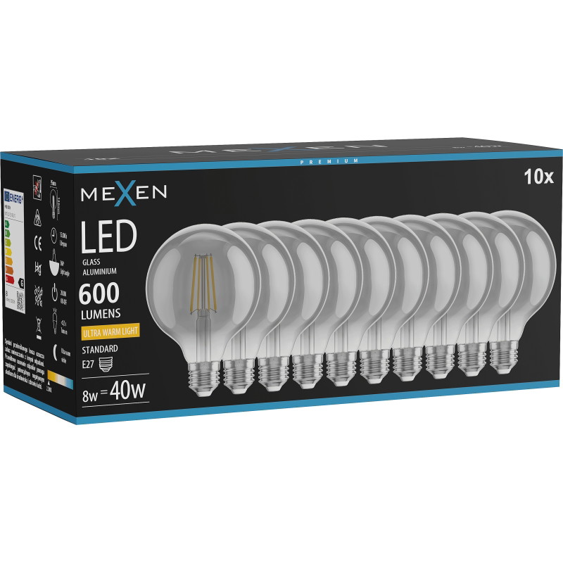 Mexen Vintis 10x LED-Filamentlampe E27, G95, 8W, Warm - 2200K, 600 lm, smoke - L157-E27-0822-70x10