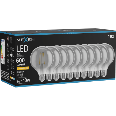 Mexen Vintis 10x LED-Filamentlampe E27, G95, 8W, Warm - 2200K, 600 lm, smoke - L157-E27-0822-70x10