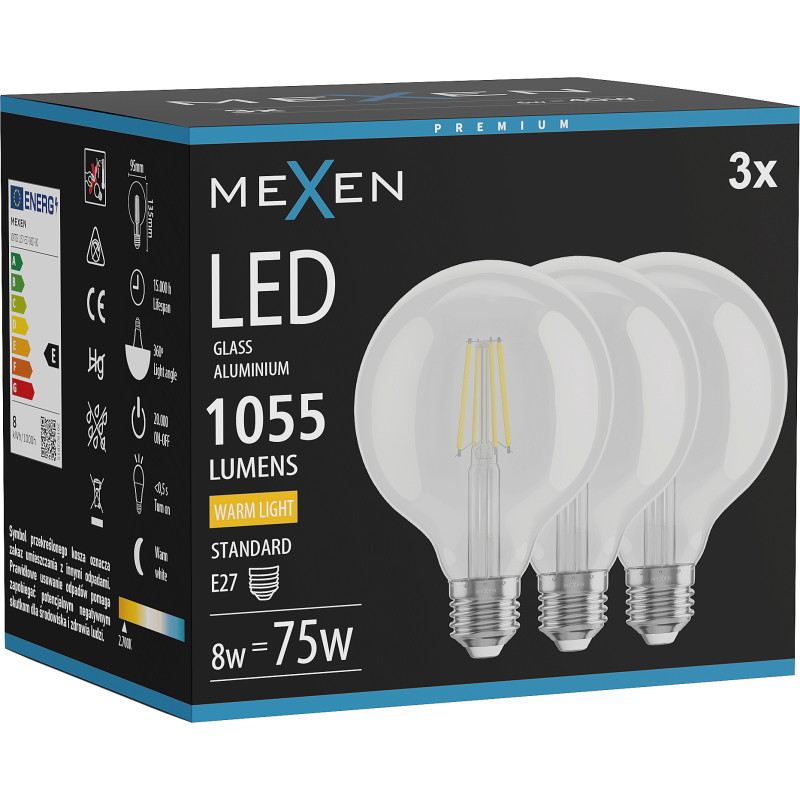 Mexen Vintis 3x LED-Filamentlampe E27, G95, 8W, Warmweiß - 2700K, 1055 lm, klar - L157-E27-0827-00x03