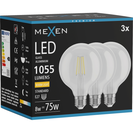 Mexen Vintis 3x LED-Filamentlampe E27, G95, 8W, Warmweiß - 2700K, 1055 lm, klar - L157-E27-0827-00x03