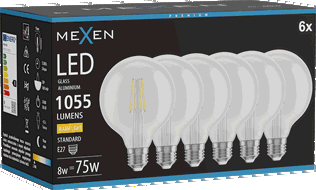 Mexen Vintis 6x LED-Filament-Glühbirne E27, G95, 8W, Warm - 2700K, 1055 lm, klar - L157-E27-0827-00x06