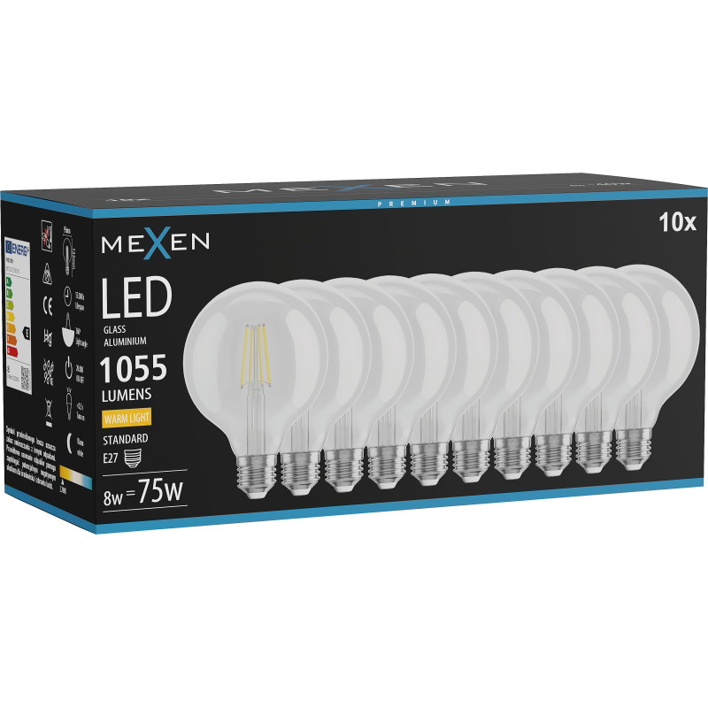 Mexen Vintis 10x LED-Filament-Glühbirne E27, G95, 8W, Warm - 2700K, 1055 lm, klar - L157-E27-0827-00x10