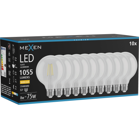 Mexen Vintis 10x LED-Filament-Glühbirne E27, G95, 8W, Warm - 2700K, 1055 lm, klar - L157-E27-0827-00x10