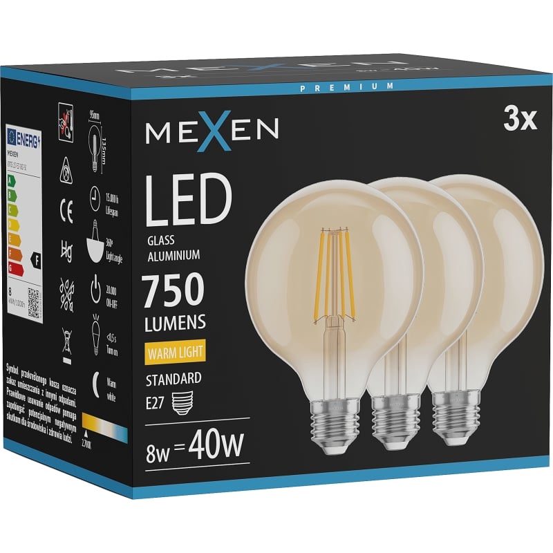 Mexen Vintis 3x LED-Filamentlampe E27, G95, 8W, Warm - 2700K, 750 lm, amber - L157-E27-0827-50x03